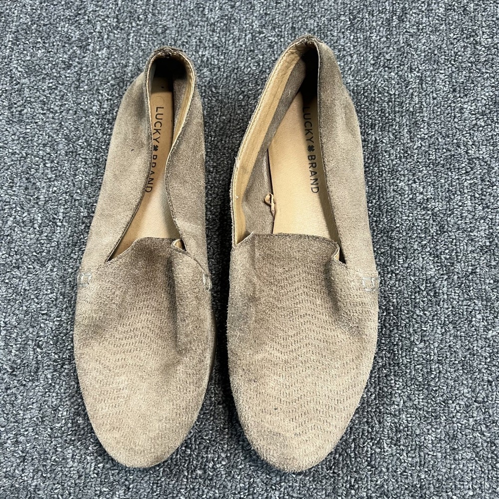 Lucky Brand Boho Suede Flats 9.5 Taupe Tan Perforated Slip On Minimalist Casual